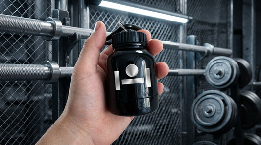 Black ShakeMix® protein powder keychain with small shaker bottle and ShakeMix logo for convenient on-the-go protein storage.