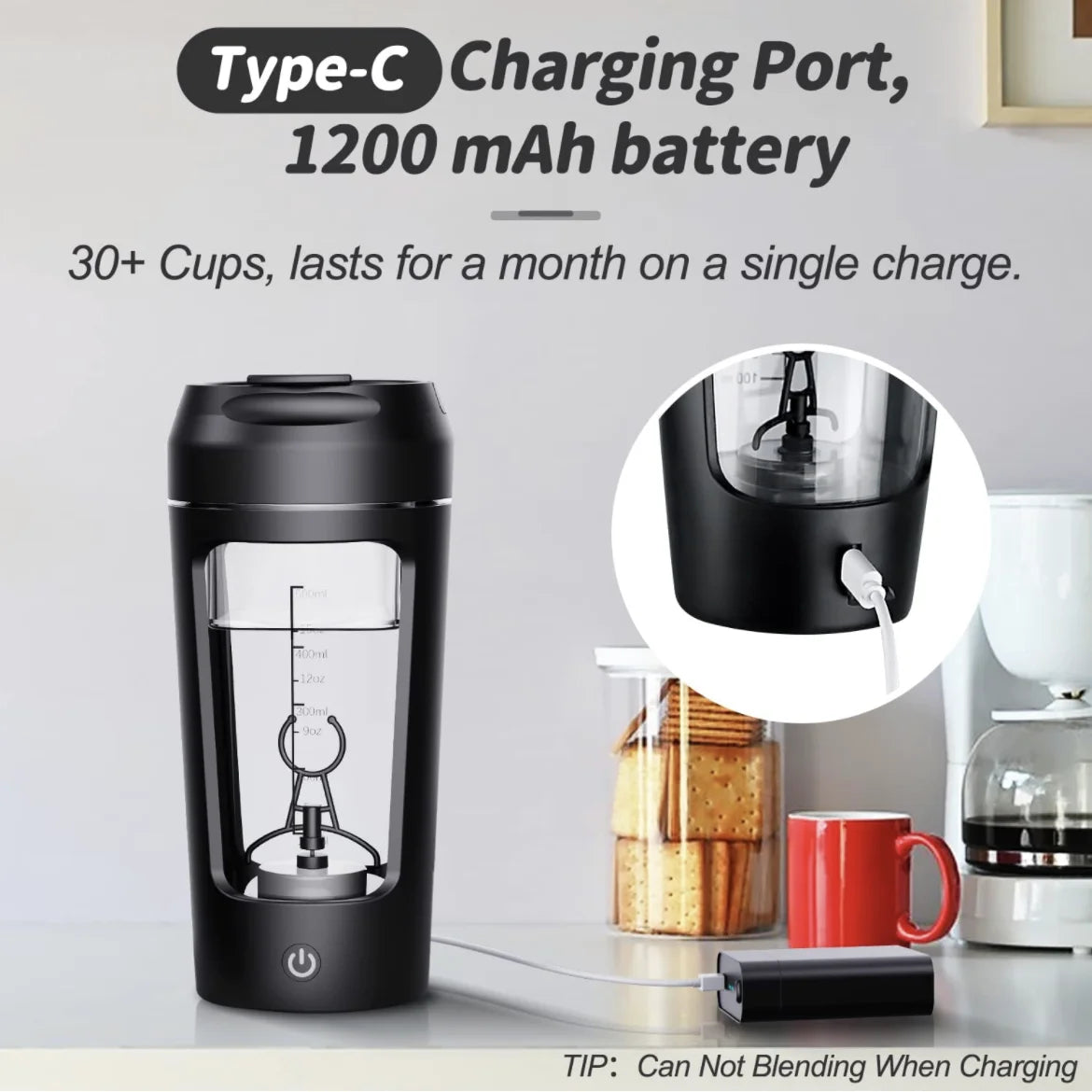 Black ShakeMix electric protein shaker with a sleek design, ideal for mixing protein powders and supplements.