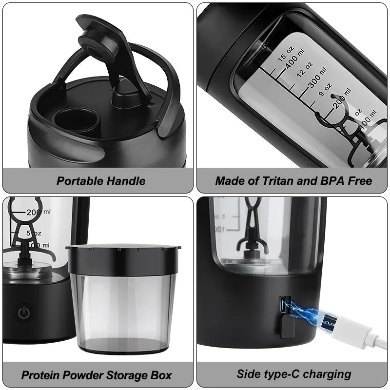 Black ShakeMix electric protein shaker with a sleek design, ideal for mixing protein drinks smoothly.