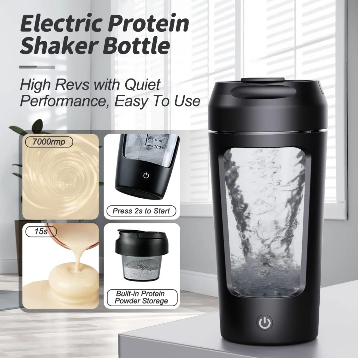 Black ShakeMix electric protein shaker with a sleek design, ideal for mixing protein drinks and fitness supplements.