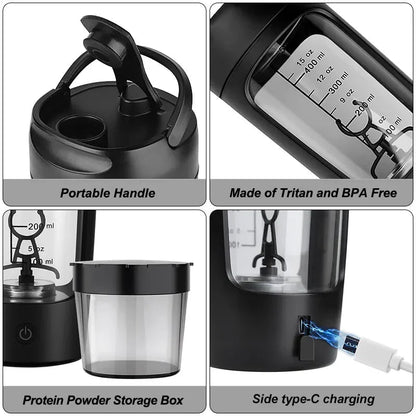 Black ShakeMix® electric protein shaker with a sleek design, ideal for mixing protein drinks effortlessly.