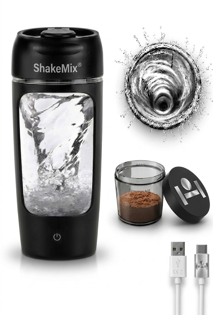 Black ShakeMix electric protein shaker with a sleek design and mixing lid, ideal for blending protein drinks efficiently.
