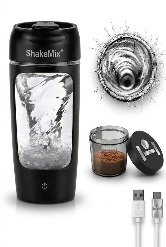 Black ShakeMix electric protein shaker with a sleek design and mixing lid, ideal for blending protein drinks efficiently.