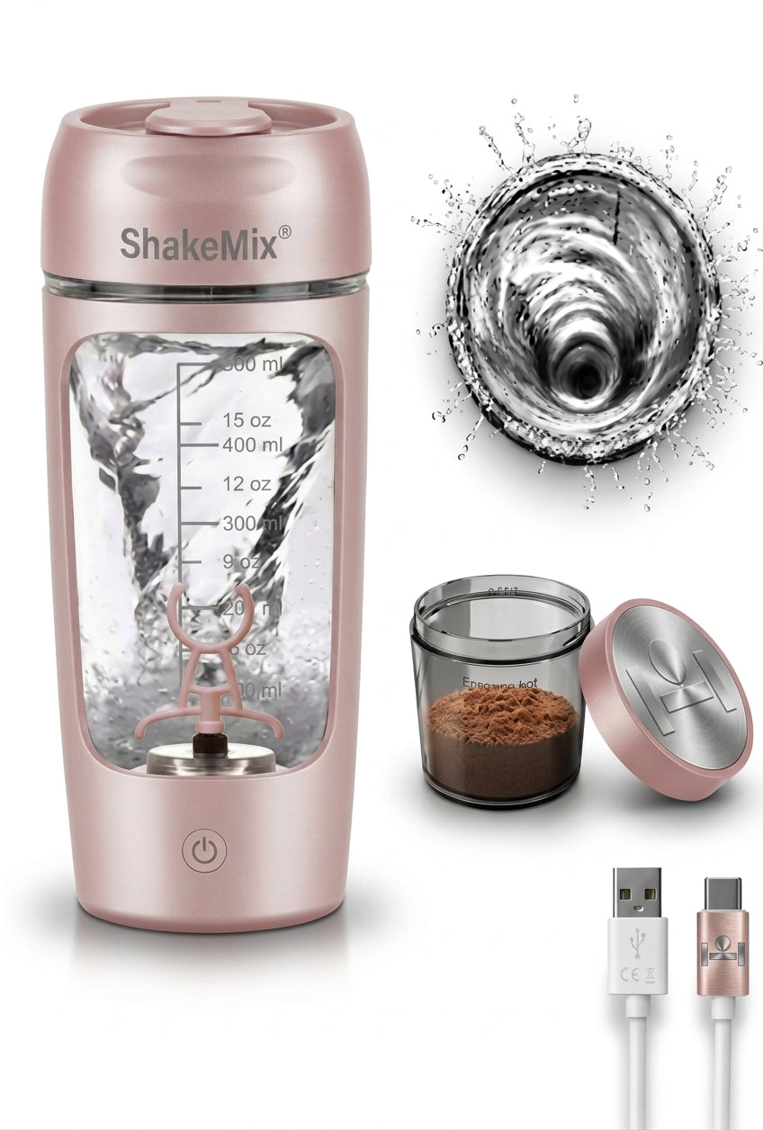 ShakeMix electric protein shaker in black with a sleek design, ideal for mixing protein drinks smoothly.