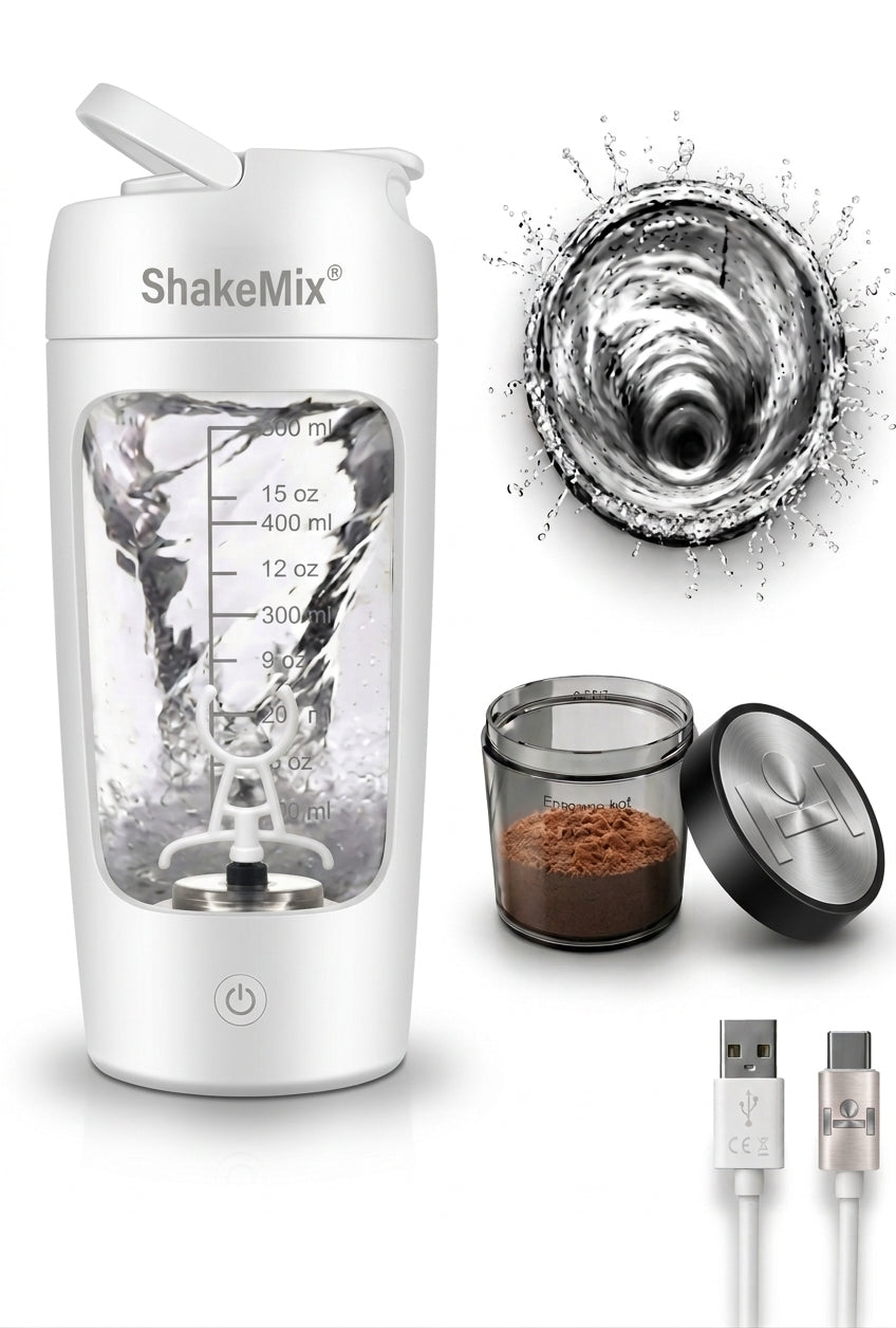 ShakeMix electric protein shaker in black with a sleek design, ideal for mixing protein drinks and supplements.
