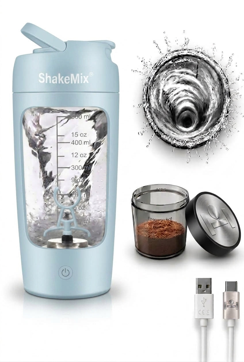 Black ShakeMix® electric protein shaker with a sleek design, ideal for mixing protein drinks efficiently.